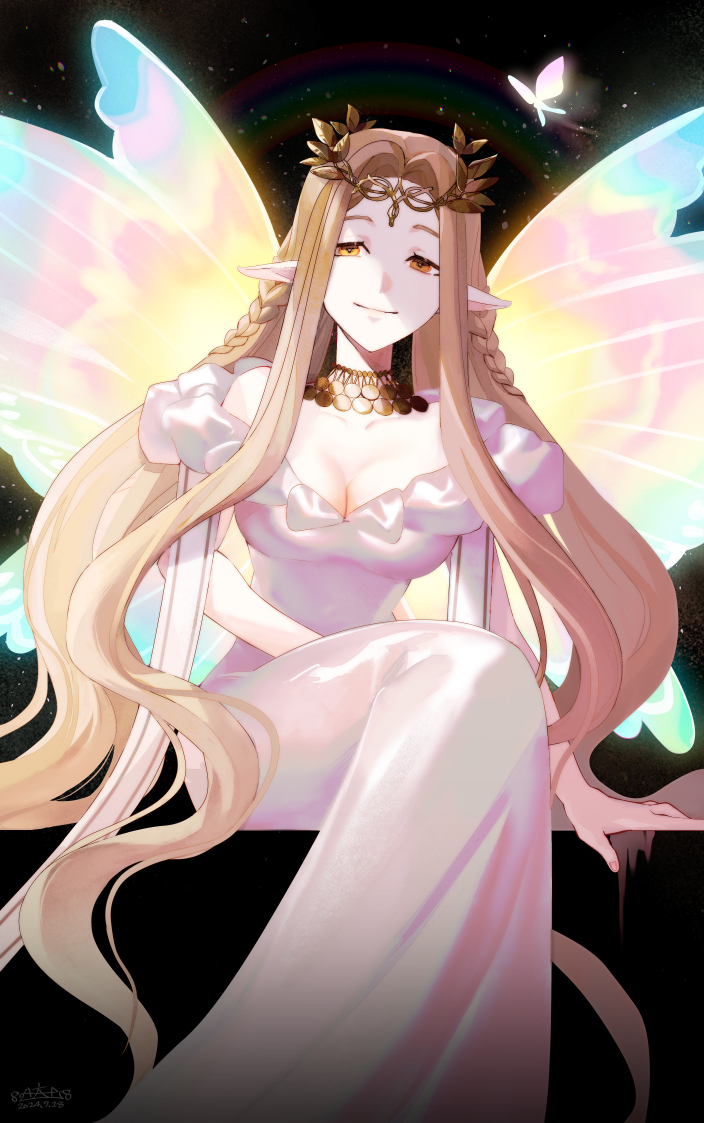 1girl aurora_(fate) bare_shoulders blonde_hair breasts circlet cleavage dress fairy fairy_wings fate/grand_order fate_(series) jewelry large_breasts long_dress long_hair looking_at_viewer necklace parted_bangs pointy_ears smile solo very_long_hair white_dress wings yatsushiro_(8246428) yellow_eyes