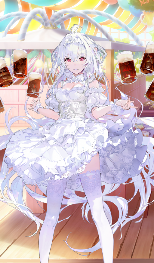 1girl ahoge alcohol bare_shoulders beer beer_mug breasts cleavage_cutout clothing_cutout corset cup dirndl dress fate/grand_order fate_(series) frilled_hairband frills german_clothes grin hairband lady_avalon_(event_portrait)_(fate) lady_avalon_(fate) long_hair looking_at_viewer medium_breasts merlin_(fate/prototype) mug official_art pointy_ears red_eyes scrunchie smile solo taiki_(luster) thighhighs thighs very_long_hair white_dress white_hair white_thighhighs wrist_scrunchie