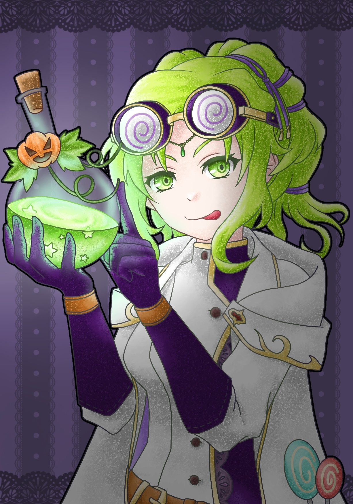 1girl :p beaker candy circlet coat cork fire_emblem fire_emblem:_the_sacred_stones fire_emblem_heroes food gloves goggles green_eyes green_hair halloween halloween_costume highres holding_beaker jack-o'-lantern jack-o'-lantern_ornament l'arachel_(fire_emblem) l'arachel_(halloween)_(fire_emblem) lab_coat lollipop nintendo pumpkin tongue tongue_out twintails wai_power