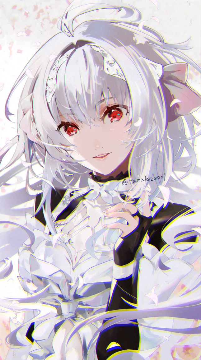 1girl ahoge braid breasts bridal_gauntlets dress fate/grand_order fate_(series) hair_ribbon hanako_(onikutabetaiyo) lady_avalon_(fate) lady_avalon_(third_ascension)_(fate) long_hair long_sleeves looking_at_viewer medium_breasts merlin_(fate/prototype) open_mouth pointy_ears purple_eyes ribbon smile solo very_long_hair white_dress white_hair