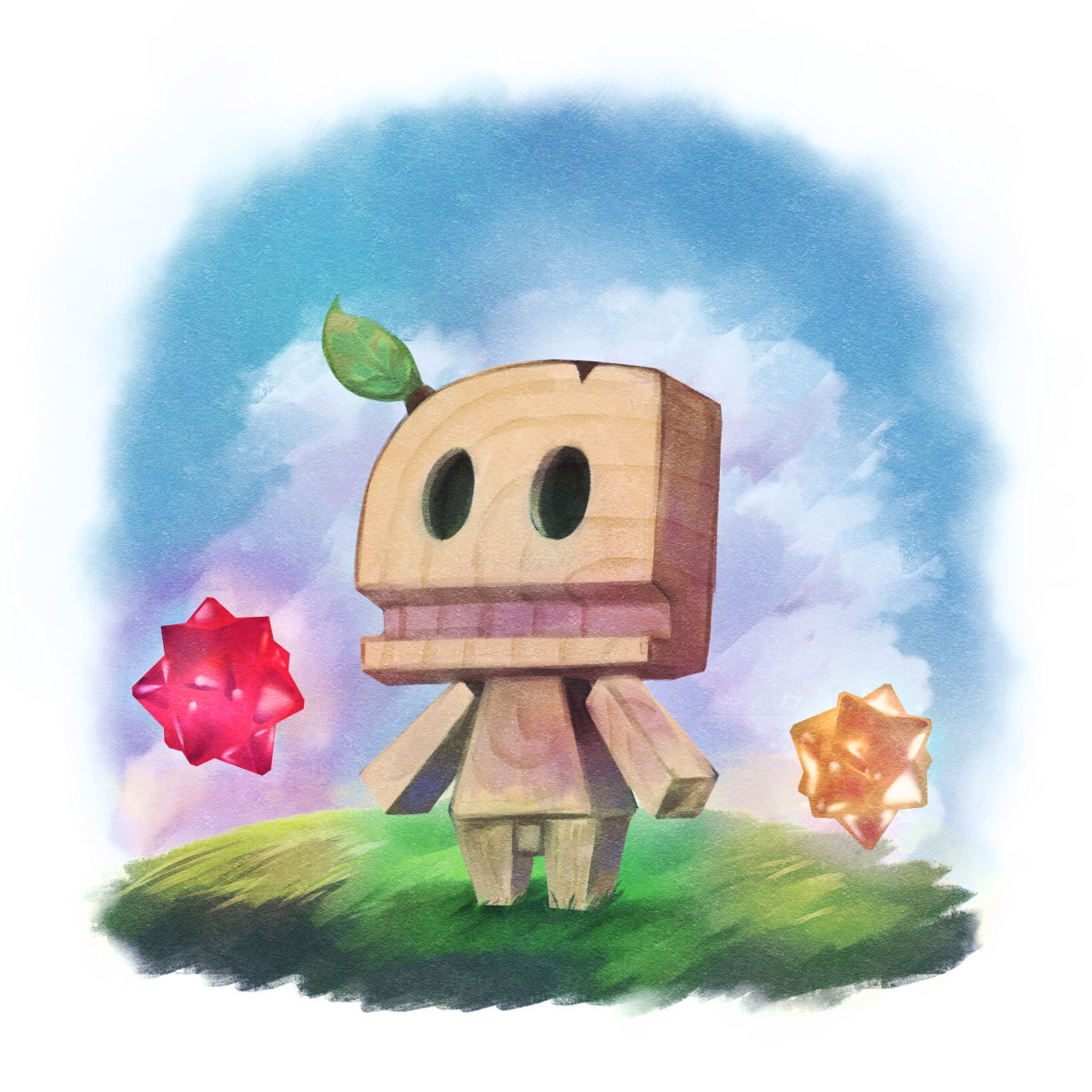 blue_sky cloud commentary_request day full_body grass highres hollow_eyes leaf leaf_on_head mario_(series) nintendo no_humans omochiutyu simple_background sky solo star_bit super_mario_galaxy_2 white_background whittle_(super_mario_galaxy_2) wood