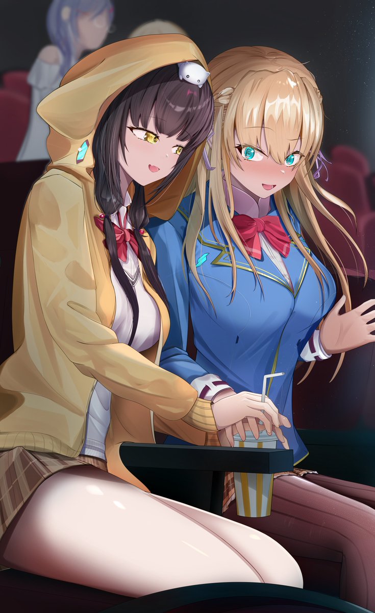 2girls 4girls asakura_karen_(heaven_burns_red) black_hair blonde_hair blue_jacket blush bow braid couple dating drinking_straw green_eyes half_up_braid heaven_burns_red highres holding_hands hood hood_up hooded_jacket izumi_yuki_(heaven_burns_red) jacket kayamori_ruka lilyhoney long_hair long_sleeves movie_theater multiple_girls on_head red_bow ribbon tail theater_seating toujou_tsukasa twintails white_ribbon yellow_eyes yuri