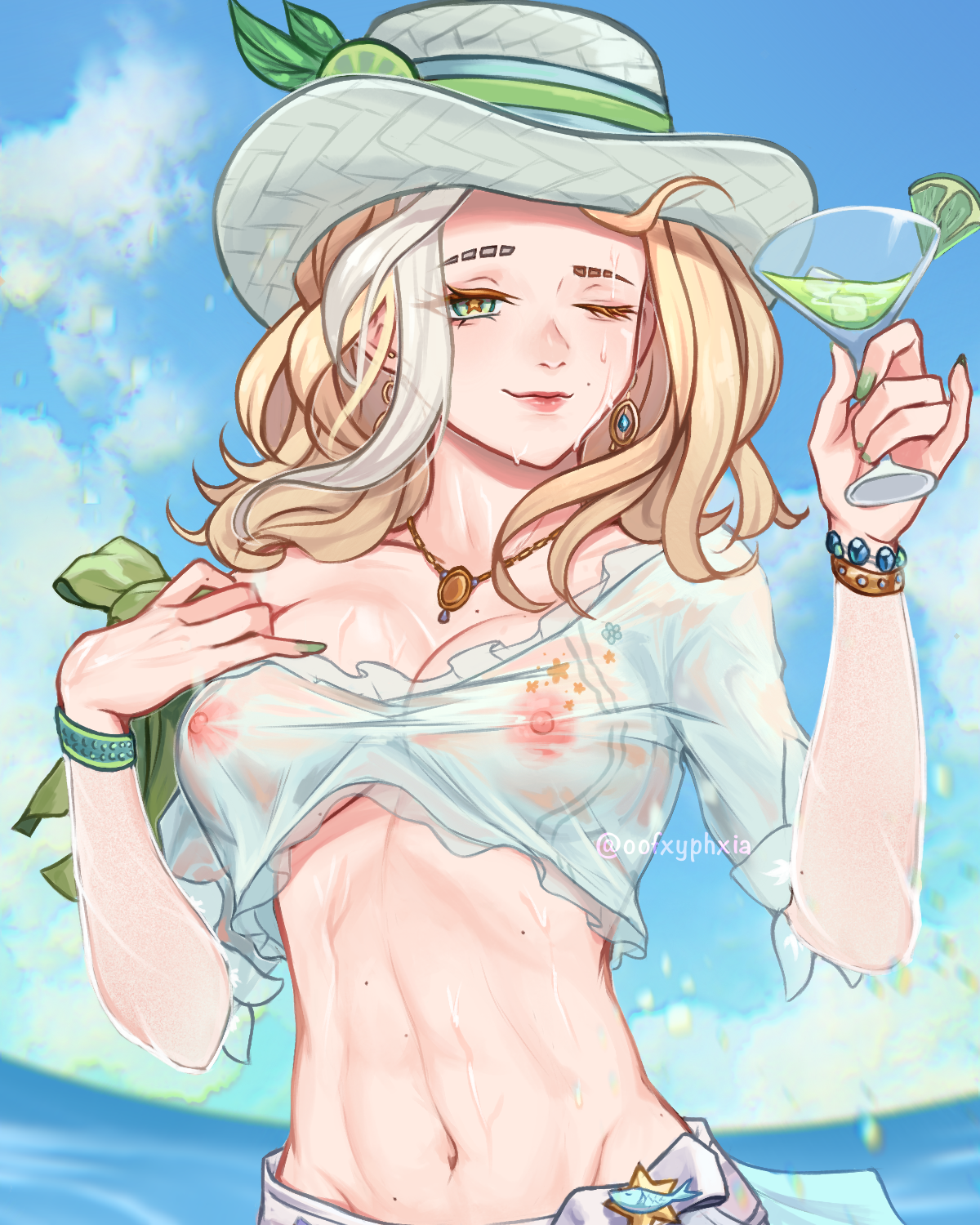 artist_name beach blonde_hair bowler_hat bracelet breasts cleavage cocktail cocktail_glass cup demi_bourbon drinking_glass earrings food fruit green_nails hat highres identity_v jewelry lime_(fruit) medium_breasts medium_hair midriff nail_polish navel necklace one_eye_closed oofxyphxia perky_breasts see-through_clothes see-through_shirt shirt smile star-shaped_pupils star_(symbol) swimsuit symbol-shaped_pupils wet wet_clothes wet_shirt wink wristband