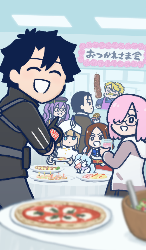 3girls 4boys :d androgynous apron atlas_academy_uniform black_coat black_dress black_gloves black_hair black_hat black_shirt blonde_facial_hair blonde_hair blue_bow blue_bowtie blue_shirt blurry blurry_foreground bow bowl bowtie brown_hair captain_nemo_(fate) closed_eyes closed_mouth coat command_spell commentary creature cup double-parted_bangs dress dutch_angle eating expressionless facial_hair fate/grand_order fate_(series) food food_request fou_(fate) fujimaru_ritsuka_(male) fujimaru_ritsuka_(male)_(polar_chaldea_uniform) fujimaru_ritsuka_wa_wakaranai glasses gloves goredolf_musik grey_jacket grey_pants hair_over_one_eye hat hat_feather holding holding_cup holding_food holding_plate hood hood_down hooded_jacket indoors jacket leonardo_da_vinci_(fate) leonardo_da_vinci_(fate/grand_order) leonardo_da_vinci_(rider)_(fate) long_sleeves looking_at_viewer male_focus mash_kyrielight medium_hair mouth_hold multiple_boys multiple_girls mustache nemo_(fate) novum_chaldea official_art one_eye_covered open_clothes open_jacket open_mouth pants parted_bangs pink_hair plate pointing purple_apron purple_hair red_dress round_eyewear sherlock_holmes_(fate) shirt short_hair sideburns sidelocks sion_eltnam_(type-moon) sion_eltnam_sokaris skewer smile third-party_source translation_request tsuchida turban twintails upper_body v-shaped_eyebrows white_turban