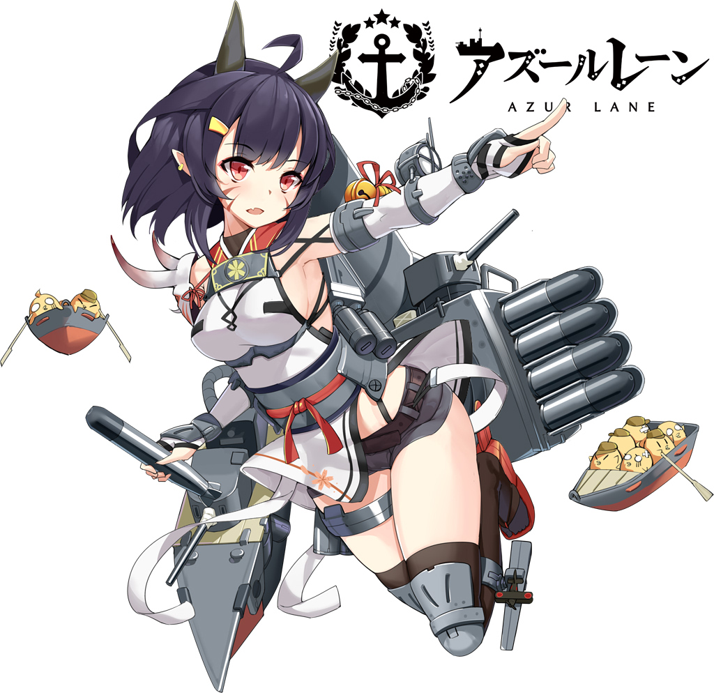1girl abukuma_(azur_lane) abukuma_(retrofit)_(azur_lane) ahoge aircraft airplane animal armpits azur_lane bandaged_head bandages bell belt bird black_hair black_thighhighs blue_hair boat breasts bridal_gauntlets cameltoe chick copyright_name earrings eyebrows eyelashes eyeshadow facial_mark fang female_focus fingerless_gloves flower full_body gloves grey_shorts holding holding_torpedo horns index_finger_raised jewelry jingle_bell long_hair looking_away machinery makeup medium_breasts multicolored_hair o_o official_art oni_horns ootsuki_momiji open_mouth over-kneehighs paddle pink_eyes pink_eyeshadow pointy_ears red_ribbon remodel_(azur_lane) ribbon ship_turret short_shorts shorts sideboob simple_background skindentation solo tabi tachi-e thighhighs torpedo turn_pale two-tone_hair watercraft white_background |_|