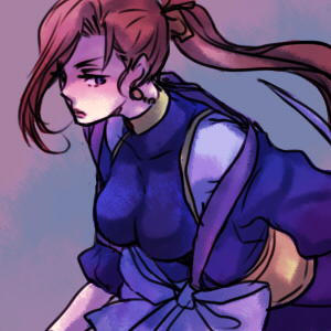 1990s_(style) 9wa blue_eyes blue_ribbon brown_hair earrings final_fantasy final_fantasy_iv final_fantasy_iv:_the_after_years izayoi jewelry long_hair lowres ninja ponytail ribbon