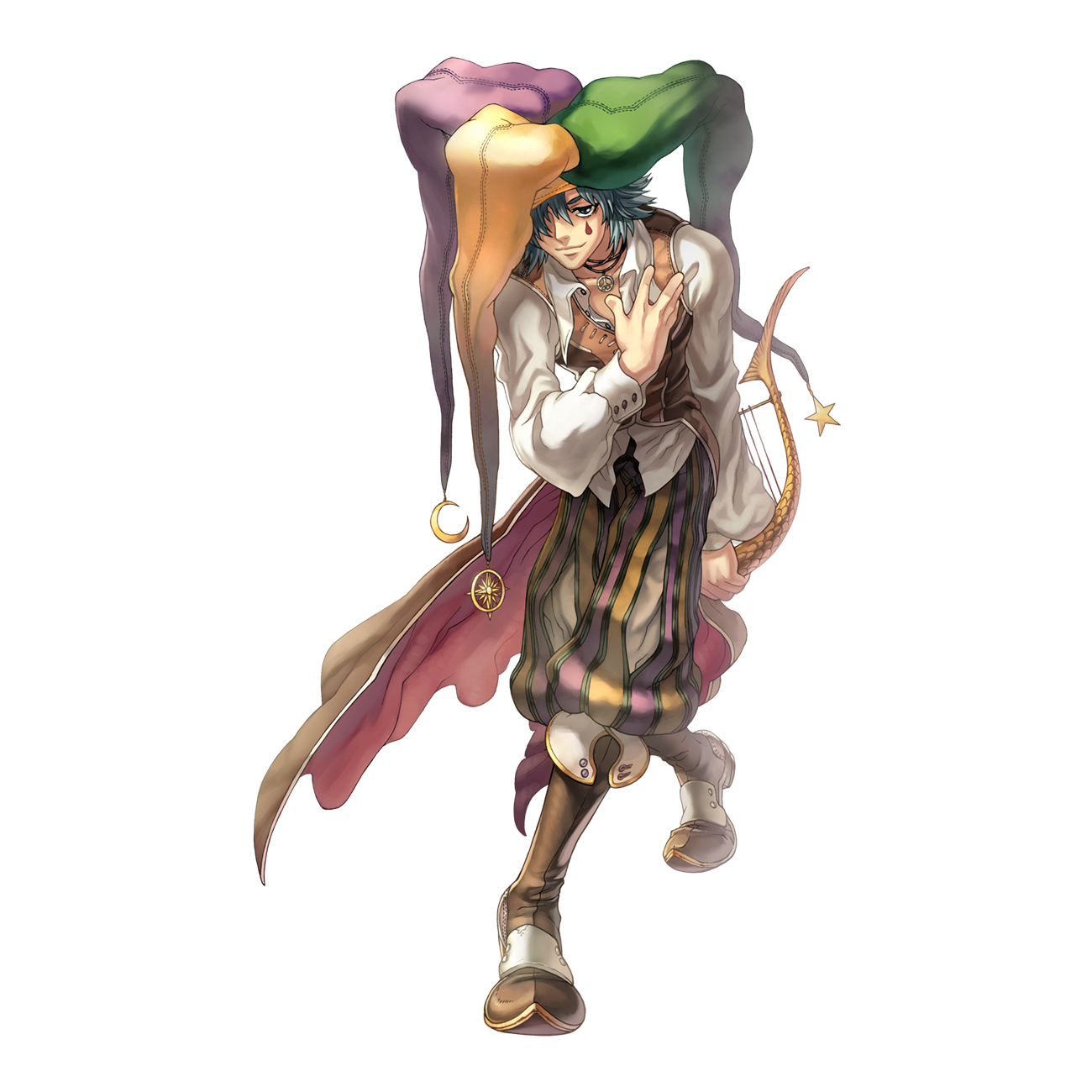 1boy 2000s_(style) baggy_pants blue_eyes blue_hair boots bowing brown_boots brown_cape brown_pants brown_vest cape closed_mouth clown_(ragnarok_online) collared_shirt crescent crescent_hat_ornament facial_tattoo full_body green_hat hair_between_eyes hair_over_one_eye hand_on_own_chest hat hat_ornament heel_up highres holding holding_instrument instrument jester_cap long_bangs lyre male_focus multicolored_hat myung-jin_lee official_art pants peace_symbol purple_hat ragnarok_online red_cape shirt short_hair simple_background smile solo star_(symbol) star_hat_ornament sun_hat_ornament tachi-e tattoo teardrop_tattoo transparent_background two-sided_cape two-sided_fabric vest waist_cape white_shirt yellow_hat