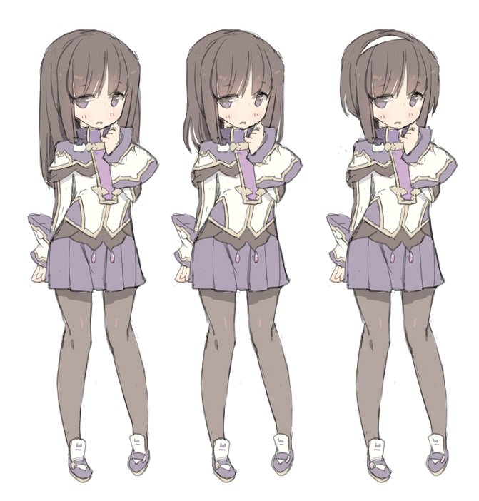 1girl alternate_hair_length alternate_hairstyle black_pantyhose blade_(galaxist) long_hair multiple_views official_art open_mouth pantyhose pleated_skirt pop-up_story purple_eyes purple_hair school_uniform short_hair simple_background sketch skirt ursula_raiment variations white_background