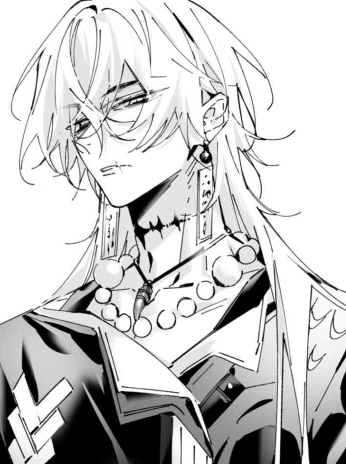 1boy bead_necklace beads commentary dlckrpwjd111 earrings expressionless geshu_lin_(wuthering_waves) greyscale hair_between_eyes jewelry long_hair looking_at_viewer male_focus monochrome neck_tattoo necklace ofuda_earrings parted_lips scar scar_on_face scar_on_mouth simple_background solo tacet_mark_(wuthering_waves) tattoo three_quarter_view tooth_necklace upper_body white_background wuthering_waves