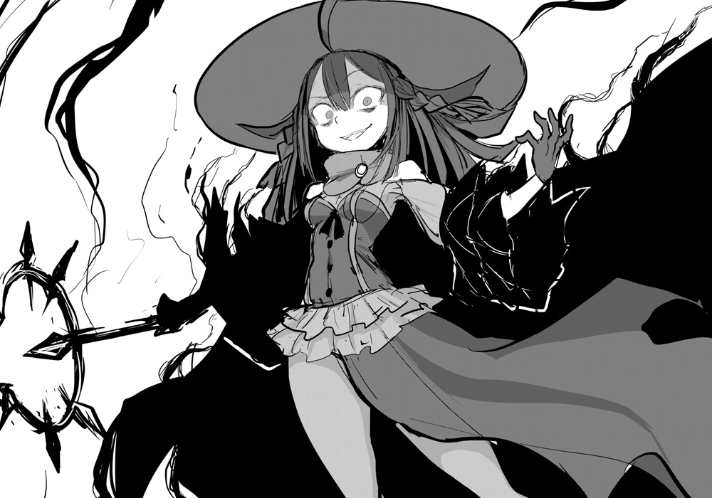 1girl ahoge blunt_bangs blunt_ends braid breasts cape commentary_request constricted_pupils cowboy_shot evil_smile gloves greyscale hat holding holding_staff holding_weapon ken_(koala) long_hair long_sleeves looking_at_viewer magia_record:_mahou_shoujo_madoka_magica_gaiden mahou_shoujo_madoka_magica monochrome sarasa_hanna side_braids small_breasts smile solo staff standing weapon wide_sleeves