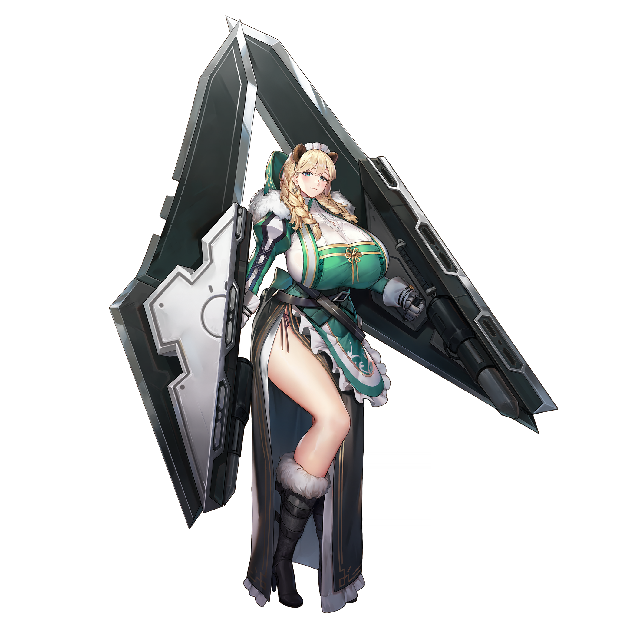 1girl animal_ears apron armored_gloves bear_ears bear_girl bear_tail belt black_belt black_boots blonde_hair blue_eyes boots braid breasts closed_mouth dirndl dual_wielding earrings extra_ears frigga_(last_origin) frilled_apron frills full_body fur-trimmed_boots fur_trim gauntlets german_clothes gigantic_breasts gloves gold_trim hair_between_eyes half-skirt high_heel_boots high_heels highres holding holding_shield holding_weapon huge_breasts jam_(nandade) jewelry lace last_origin layered_skirt long_skirt looking_at_viewer maid_headdress mole mole_under_mouth official_art panties panty_peek pigeon-toed shield side-tie_panties side_slit simple_background skindentation skirt smile solo standing string_panties tachi-e tail thighs third-party_source transparent_background twin_braids underwear weapon white_gloves