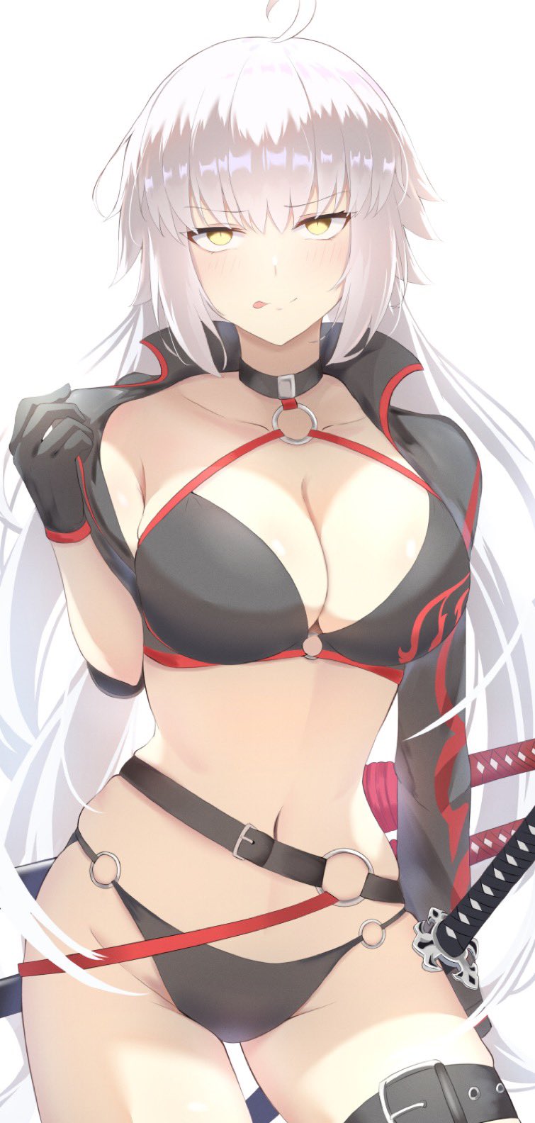 1girl ahoge bikini black_bikini black_gloves black_jacket breasts choker cleavage collarbone cropped_jacket fate/grand_order fate_(series) gloves grey_hair highres jacket jeanne_d&#039;arc_alter_(fate) jeanne_d&#039;arc_alter_(swimsuit_berserker)_(fate) katana large_breasts long_hair long_sleeves looking_at_viewer navel o-ring o-ring_bikini off_shoulder red_thighhighs shrug_(clothing) single_bare_shoulder single_thighhigh solo swimsuit sword thigh_strap thighhighs thighs tongue tongue_out umi_endu very_long_hair weapon yellow_eyes