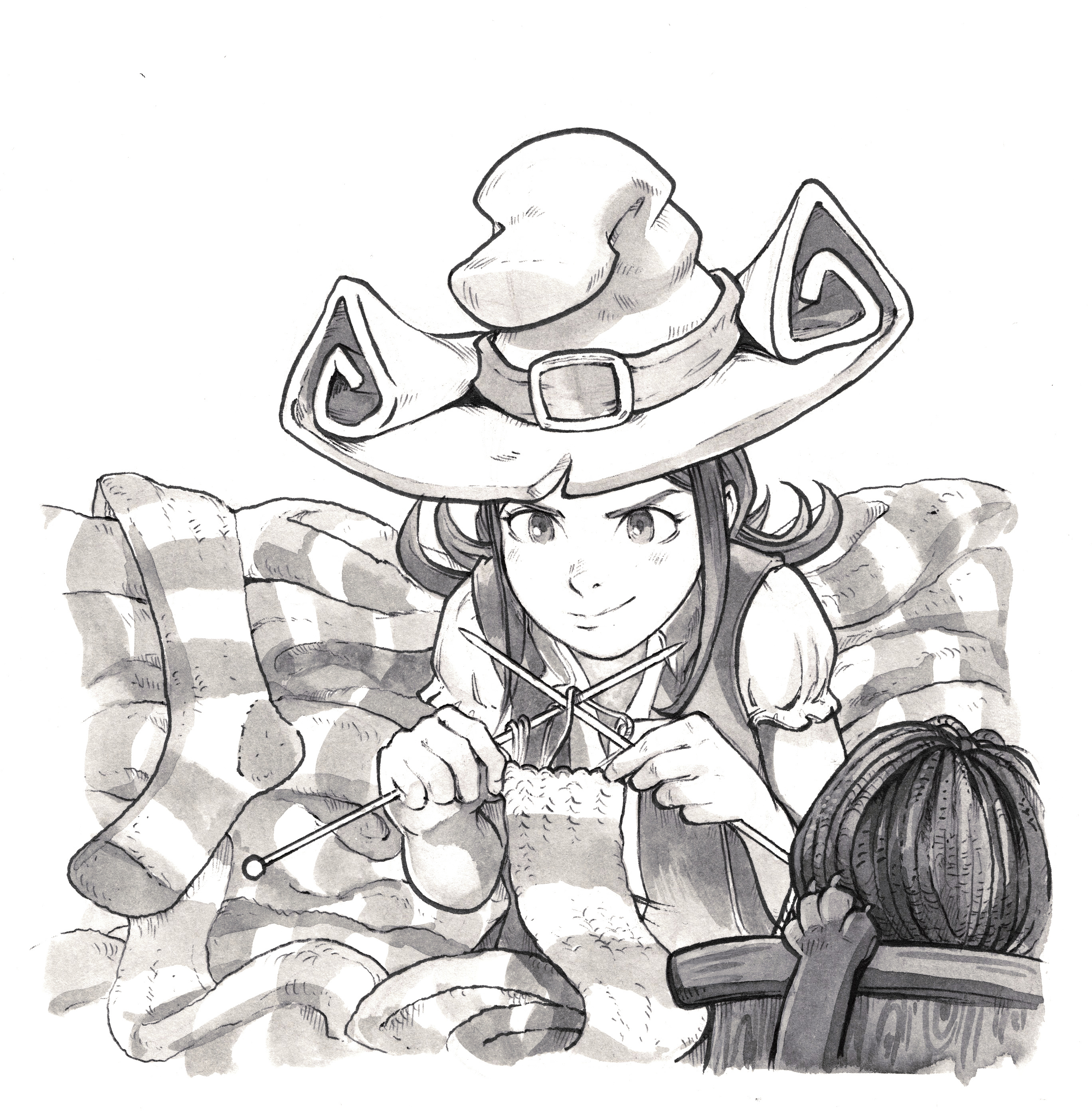1girl absurdres belt breasts carrot_(pepper&amp;carrot) cat david_revoy hat highres knitting knitting_needle long_hair monochrome needle partially_unbuttoned pepper&amp;carrot pepper_(pepper&amp;carrot) puffy_short_sleeves puffy_sleeves scarf short_sleeves sitting smile socks table vest witch_hat