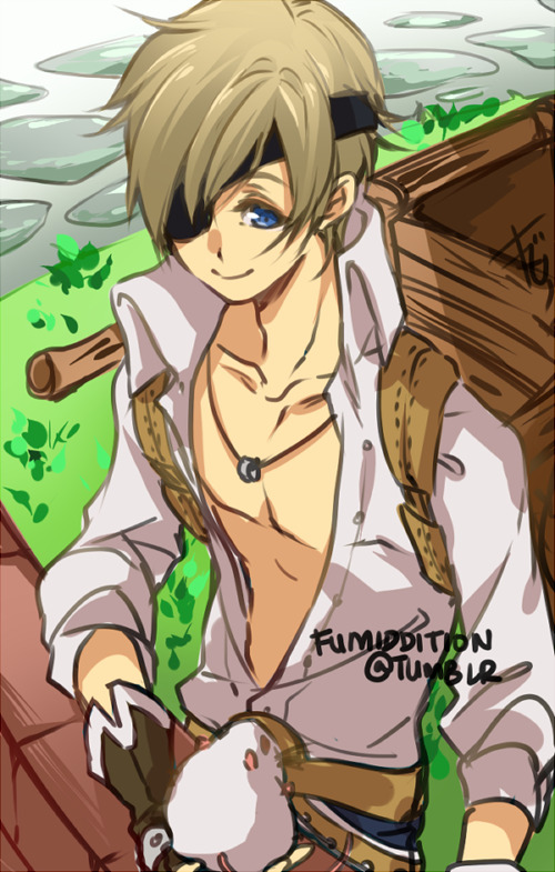 1boy blacksmith_(ragnarok_online) blue_eyes brick_wall brown_hair closed_mouth collared_shirt eyepatch fumiddition grass jewelry male_focus mouse_(animal) necklace pullcart ragnarok_online shirt short_hair sleeves_rolled_up smile solo tarou_(ragnarok_online) upper_body white_shirt