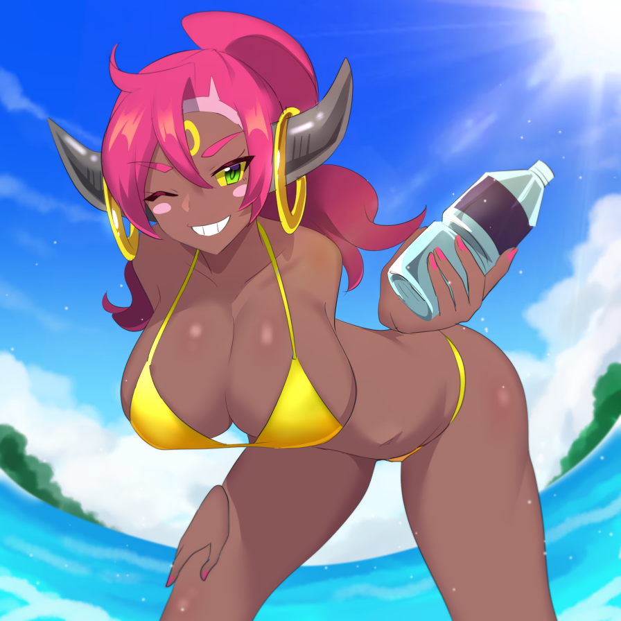 1girl bent_over bikini black_horns blush bottle breasts cleavage colored_sclera dark-skinned_female dark_skin facial_mark fingernails forehead_mark gen_6_pokemon gold_ring green_eyes grin hand_on_own_thigh hanging_breasts holding holding_bottle hoopa hoopa_(confined) horn_ornament horn_ring horns in_water jewelry large_breasts legendary_pokemon legs_apart looking_at_viewer medium_hair mythical_pokemon naelle_(pkmn_realidea) nail_polish nintendo one_eye_closed personification pink_hair pink_nails pokemon ponytail rayman_limbs ring smile sun swimsuit teeth water water_bottle yellow_bikini yellow_sclera