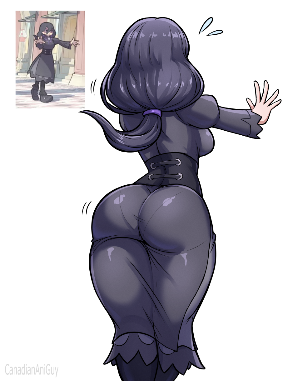 1girl artist_name ass black_corset black_dress black_hair breasts canadiananiguy commentary corset dress feet_out_of_frame floating_hair flying_sweatdrops from_behind game_screenshot_inset hex_maniac_(pokemon) hex_maniac_(pokemon_legends:_z-a) highres juliet_sleeves large_breasts legs_together long_hair long_sleeves low_ponytail motion_lines nintendo official_art_inset outstretched_arms pantylines pokemon pokemon_legends:_z-a ponytail puffy_sleeves reference_inset standing white_background