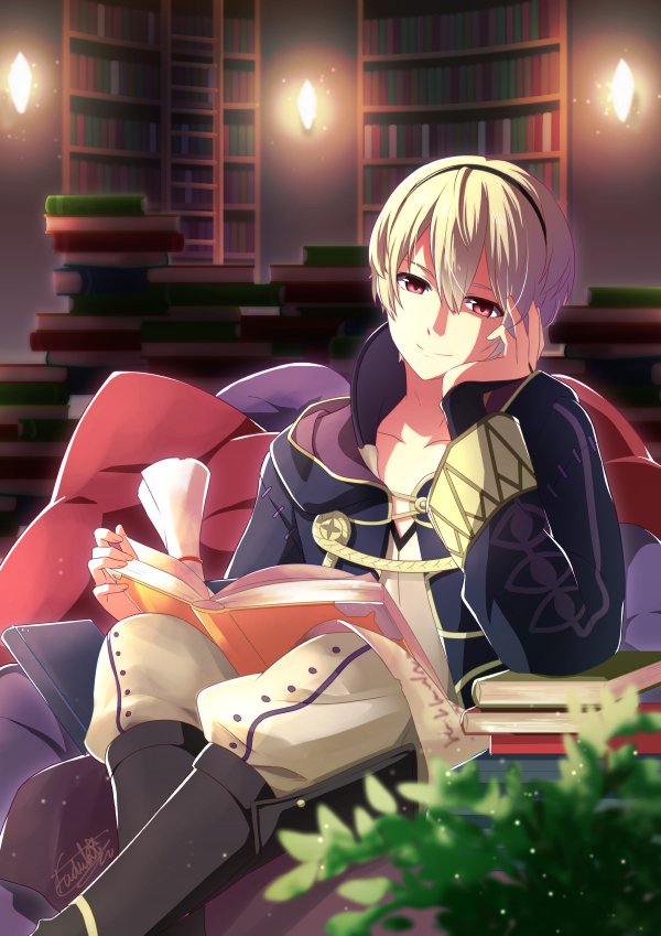 1boy alternate_costume artist_name bad_id bad_pixiv_id blonde_hair book boots cosplay fire_emblem fire_emblem_fates fuzuki_yuu hood hoodie leaf leo_(fire_emblem) male_focus male_robin_(fire_emblem) male_robin_(fire_emblem)_(cosplay) nintendo red_eyes sitting solo
