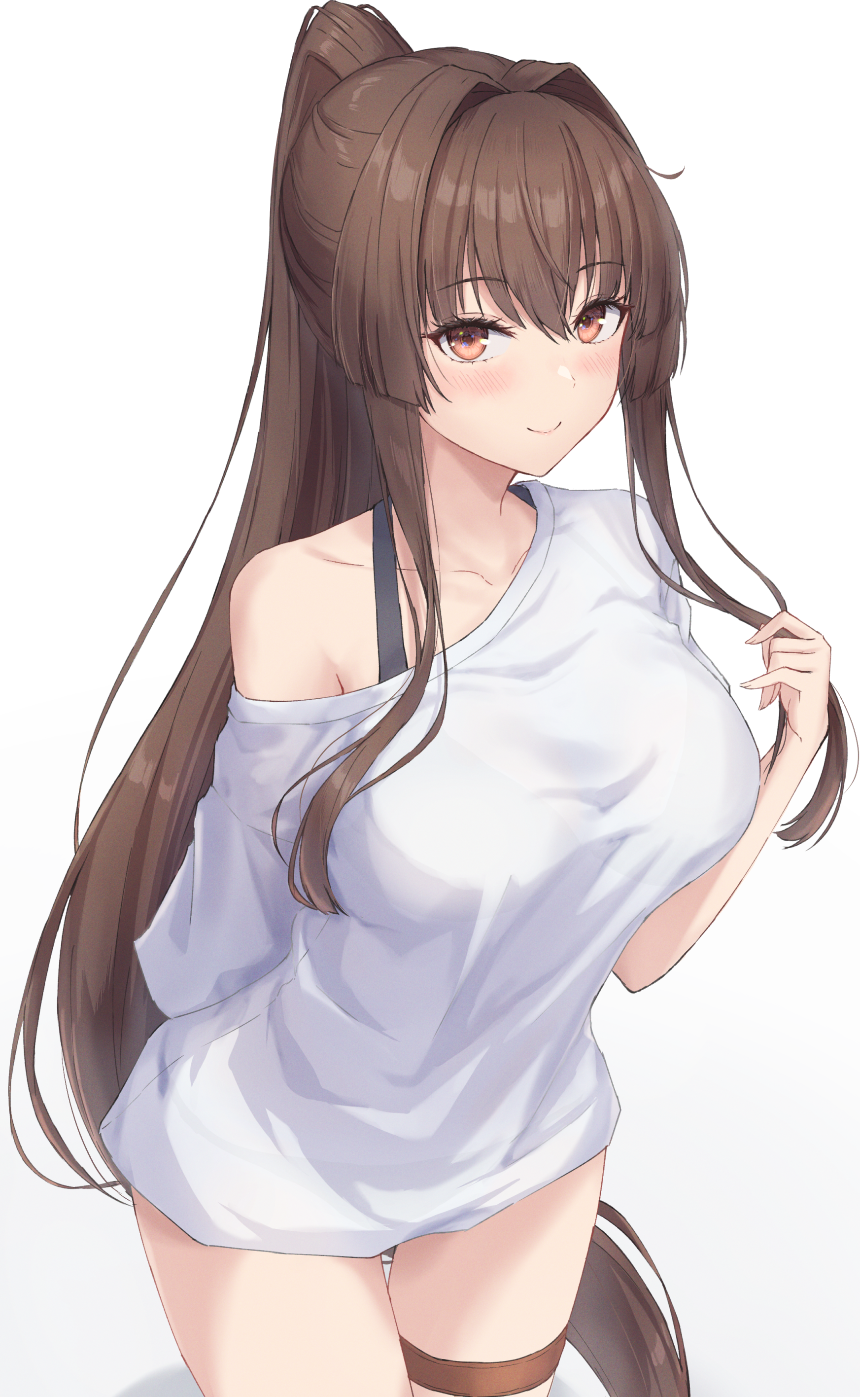 1girl absurdres alternate_costume blush brown_eyes brown_hair closed_mouth collarbone from_above highres kantai_collection long_hair looking_at_viewer monoku ponytail shirt short_sleeves simple_background smile solo thigh_strap white_background white_shirt yamato_(kancolle)