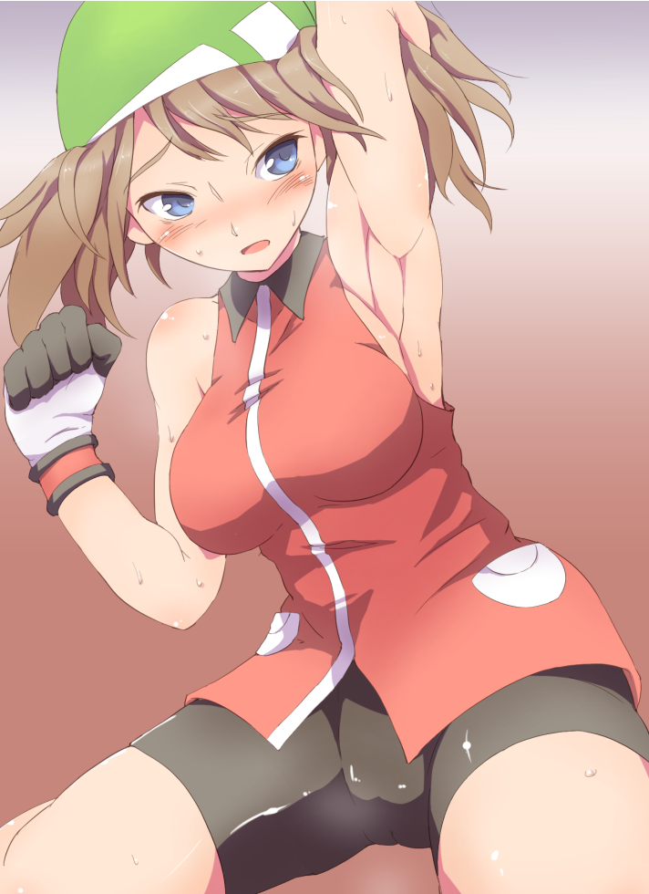 00s 1girl :o alternate_color alternate_costume arm_up armpits bandana bare_arms bare_shoulders bike_shorts blue_eyes blush breasts brown_hair cameltoe clenched_hand collared_shirt female_focus gloves gradient_background green_bandana hand_up hip_focus large_breasts legs looking_back looking_to_the_side may_(pokemon) may_(pokemon_emerald) nintendo open_mouth poke_ball pokemon pokemon_emerald pokemon_rse red_shirt rei_oe shiny_skin shirt short_hair skirt sleeveless sleeveless_shirt solo sweat wide_hips