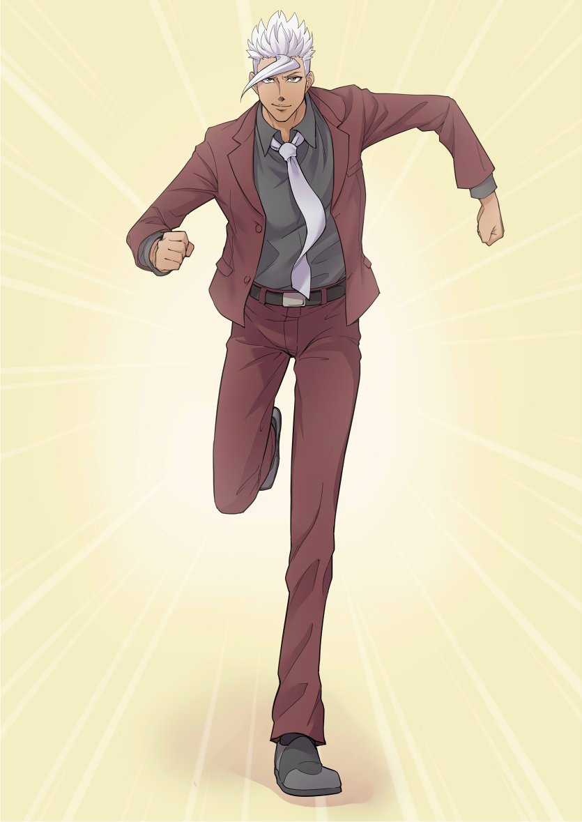 1boy astroganger black_shirt dark-skinned_male dark_skin emphasis_lines formal_clothes full_body gundam gundam_tekketsu_no_orphans male_focus meme necktie ogry_ching orga_itsuka red_suit running shirt silver_hair simple_background smile solo suit white_necktie yellow_background