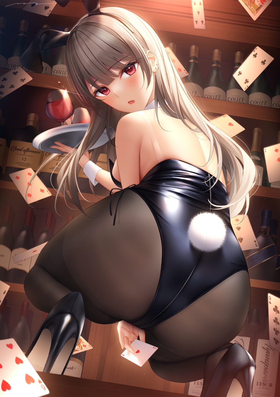 1girl :o ace_(playing_card) ace_of_hearts alcohol animal_ears ass bad_id bad_pixiv_id bar_(place) bare_back bare_shoulders black_leotard black_pantyhose blunt_bangs blush bottle breasts card club_(shape) commentary_request cup detached_collar diamond_(shape) drinking_glass ear_piercing fake_animal_ears fake_tail five_of_clubs five_of_diamonds five_of_spades four_of_clubs grey_hair heart high_heels highres holding holding_card holding_tray jack_(playing_card) jack_of_hearts leotard long_hair looking_at_viewer looking_back mhru nail_polish nine_of_clubs open_mouth original pantyhose piercing playboy_bunny playing_card queen_(playing_card) queen_of_diamonds rabbit_ears rabbit_tail red_eyes revision seven_of_clubs shelf side-tie_leotard sideboob signature six_of_hearts sleeveless solo spade_(shape) squatting tail thighband_pantyhose three_of_diamonds three_of_spades tray two_of_hearts wine wine_bottle wine_glass wrist_cuffs zipper_pull_tab