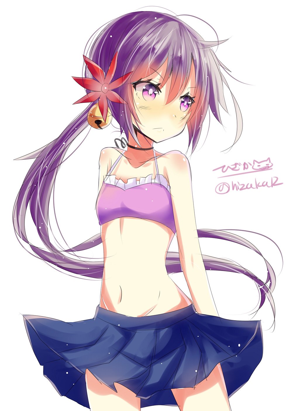 10s 1girl akebono_(kancolle) arms_behind_back bare_shoulders bell blue_skirt blush bra choker closed_mouth collarbone cowboy_shot eyebrows female_focus flower frown gradient_hair groin hair_bell hair_between_eyes hair_flower hair_ornament highres hizaka kantai_collection long_hair looking_to_the_side multicolored_hair navel pleated_skirt ponytail purple_bra purple_eyes purple_hair simple_background skirt solo standing stomach twitter_username two-tone_hair underwear very_long_hair white_background