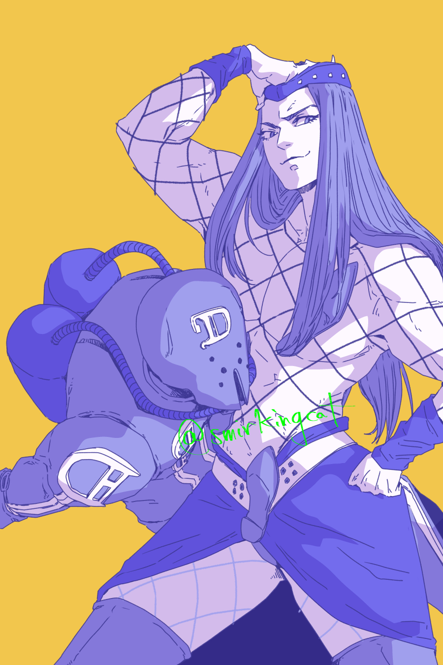 1boy 1other belt blue_theme diver_down_(stand) fishnet_pantyhose fishnet_top fishnets grin hand_on_own_head hand_on_own_hip hat highres jojo_no_kimyou_na_bouken long_hair male_focus miniskirt narciso_anasui pantyhose skirt smile smirkingcat stand_(jojo) stone_ocean tube wristband yellow_background