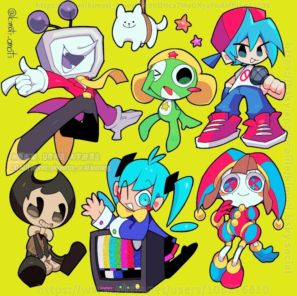 &gt;_o 2girls 3boys :d ;d animal ankle_boots annoying_dog ant_tenna arm_at_side asymmetrical_footwear asymmetrical_gloves backwards_hat bendy bendy_and_the_ink_machine black_boots black_eyes black_pants black_skirt blue_bodysuit blue_eyes blue_gloves blue_hair blue_hat blue_pants blue_shirt blue_shoes blush_stickers bodysuit boots bow bowtie boyfriend_(friday_night_funkin&#039;) brown_hair character_request closed_mouth coat colored_skin commentary_request copyright_name crossover deltarune demon denim dog double-parted_bangs facing_viewer foreshortening friday_night_funkin&#039; full_body gloves gold_buttons grin hair_between_eyes hand_in_pocket hand_on_own_cheek hand_on_own_face hat hat_bell hatsune_miku holding holding_microphone jeans jester jester_cap kimoti_omoti long_hair long_sleeves looking_at_viewer microphone miniskirt mismatched_footwear mismatched_gloves multicolored_bodysuit multicolored_eyes multiple_boys multiple_crossover multiple_girls necktie no_eyes no_pupils one_eye_closed open_mouth outstretched_arm pac-man_eyes pants pink_trim pleated_skirt pointing pointing_at_viewer pomni_(the_amazing_digital_circus) puffy_short_sleeves puffy_sleeves red_bodysuit red_coat red_eyes red_gloves red_hat red_shoes shirt shoes short_hair short_sleeves simple_background single_blush_sticker sitting skirt smile standing star_(symbol) static_(vocaloid) teeth television the_amazing_digital_circus tongue traditional_bowtie twintails twitter_username two-tone_bodysuit two-tone_eyes two-tone_hat two-tone_headwear undertale utdr_(toby_fox) v_arms vertical-striped_bodysuit vocaloid watermark waving web_address white_bow white_bowtie white_dog white_gloves white_shirt white_skin yellow_background yellow_bow yellow_bowtie yellow_necktie yellow_shoes