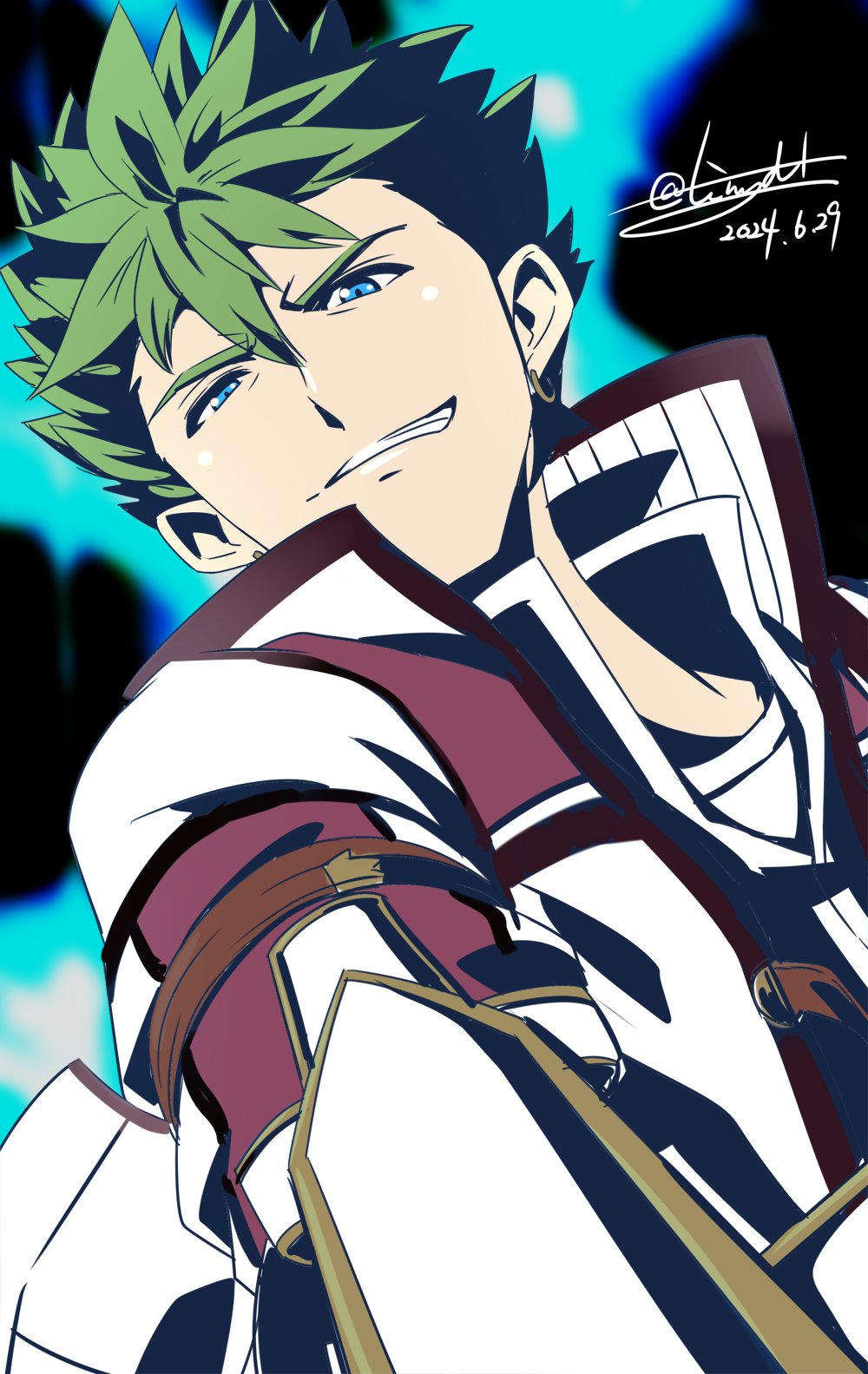 1boy blue_eyes dated earrings eiyuu_densetsu green_hair grin hair_between_eyes high_collar highres jewelry kai_no_kiseki kevin_graham kuro_no_kiseki_(series) looking_at_viewer male_focus short_hair signature smile solo spiked_hair tinybiard twitter_username upper_body