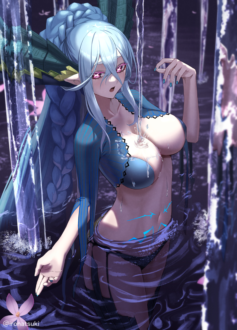 1girl bikini blue_bikini blue_hair blue_nails braid breasts cleavage cowboy_shot curled_horns fate/grand_order fate_(series) fingernails flower hair_between_eyes hand_up horns ironatsuki large_breasts tiamat_(final_ascension)_(fate/grand_order_arcade) long_hair looking_away nail_polish navel open_mouth partially_submerged pink_eyes pink_flower pointy_ears reflection ripples short_sleeves shrug_(clothing) sidelocks skin_tight solo standing stomach stomach_tattoo strapless strapless_bikini striped swimsuit symbol-shaped_pupils tattoo thick_eyebrows thighs tiamat_(fate) vertical_stripes very_long_hair water wet x-shaped_pupils