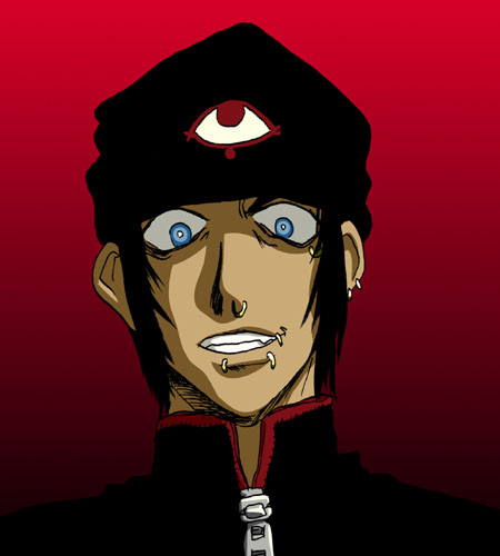 1boy beanie black_hair blue_eyes dark_skin earrings hat hellsing high_collar jan_valentine jewelry lip_piercing lowres male_focus nose_piercing piercing simple_background smirk solo vampire zipper