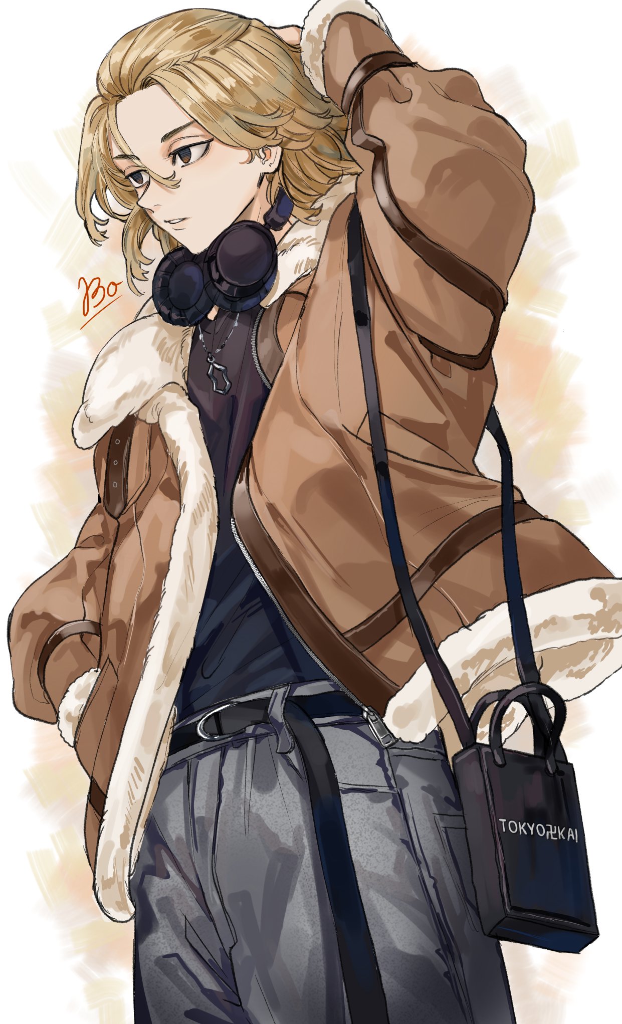 1boy belt black_belt black_eyes blank_eyes blonde_hair bo_1125359 empty_eyes fur-trimmed_jacket fur_trim grey_pants headphones headphones_around_neck highres jacket jewelry long_sleeves male_focus medium_hair necklace pants sano_manjirou swastika tokyo_revengers
