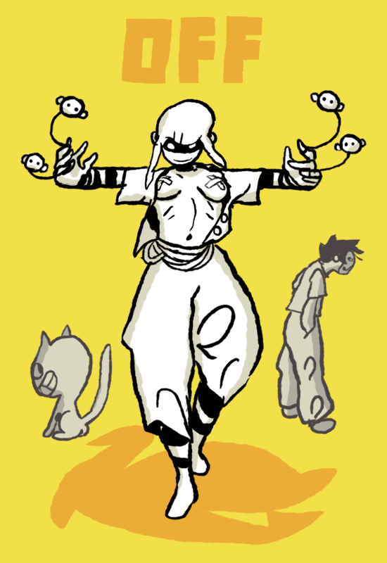 1boy 1girl baggy_pants barefoot blank_eyes breasts cat clacker commentary commission copyright_name cropped_jacket cross cross_pasties english_commentary full_body grin hands_in_pockets hands_up jacket limited_palette looking_at_viewer mask medium_breasts mortisghost navel no_shirt off_(game) official_art open_clothes open_jacket pants partially_shaded_face pasties second-party_source shirt short_hair short_sleeves simple_background smile solo_focus standing striped_sleeves sucre_(off) swan_print tail_raised the_judge_(off) yellow_background zacharie_(off)