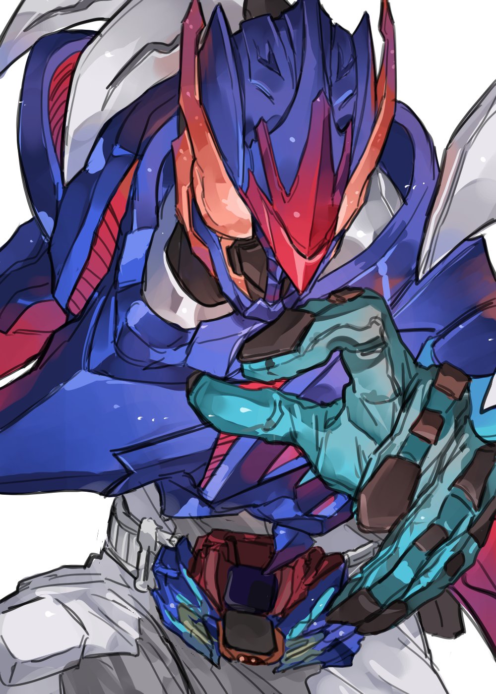 1boy armor bbbb_fex blue_armor blue_gloves bodysuit commentary compound_eyes destream_driver rider_belt foreshortening gloves glowing glowing_eyes hercules_beetle hercules_beetle_genome highres horns kamen_rider kamen_rider_destream kamen_rider_revice male_focus open_hand power_armor red_eyes rider_belt simple_background single_horn sky solo tokusatsu vistamp white_background white_bodysuit