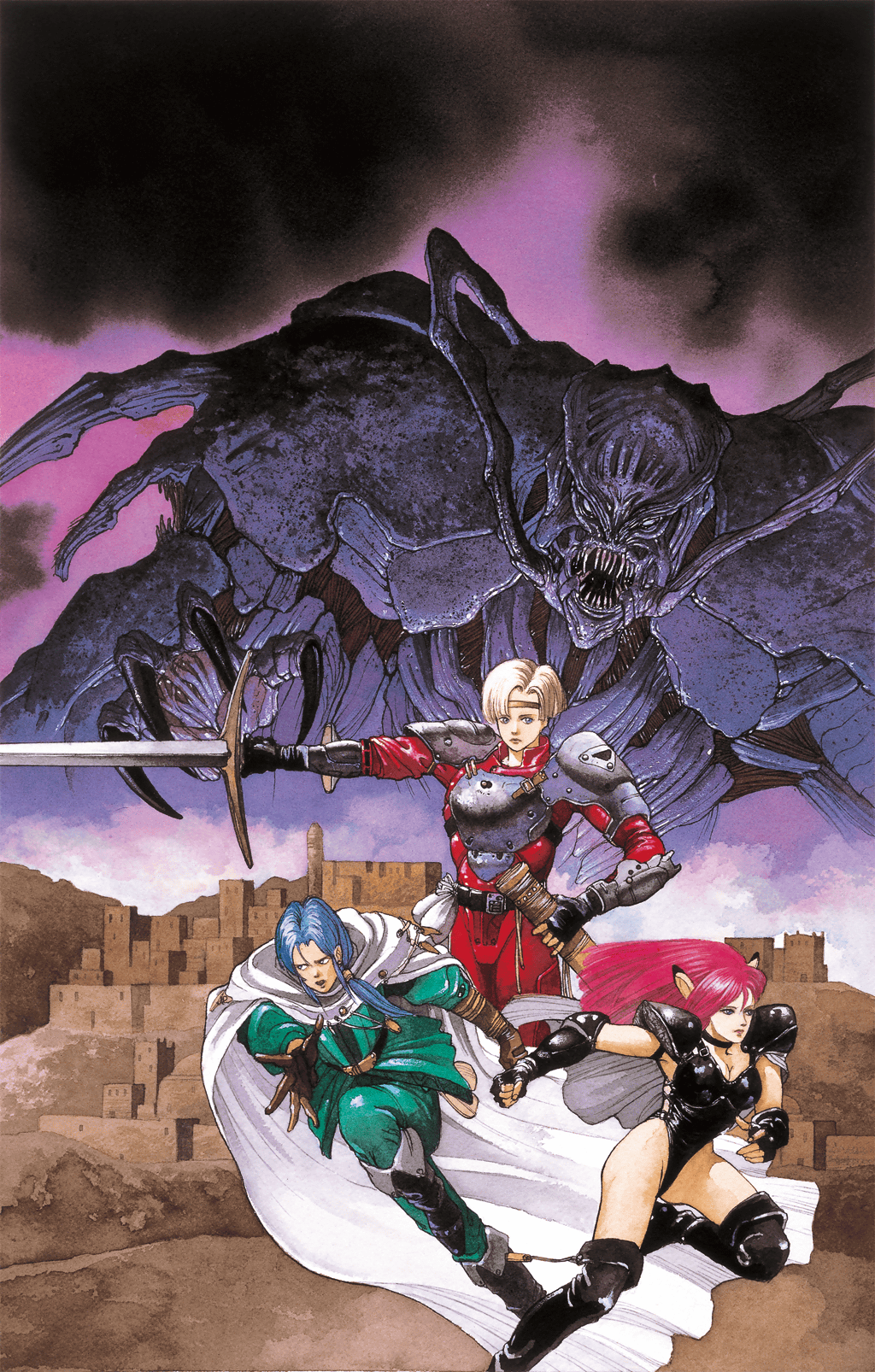 1girl 2boys alien animal_ears armor belt belt_pouch black_choker black_gloves black_leotard blonde_hair blue_eyes blue_hair blush boots box_art breastplate breasts bright_pupils cape cat_ears choker claws cleavage clenched_hand closed_mouth elbow_gloves fal_(phantasy_star) fighting_stance fingerless_gloves giant giant_monster gloves groin headband highleg highleg_leotard highres holding holding_sword holding_weapon leotard long_hair monster multiple_boys official_art outstretched_hand pauldrons phantasy_star phantasy_star_iv pink_hair pointy_ears ponytail pouch promotional_art rudy_ashure shoulder_armor sword thigh_boots thray_walsh weapon white_cape yoneda_hitoshi