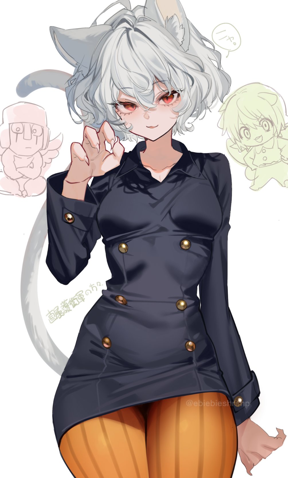 1girl 2boys animal_ears black_shirt cat_ears cat_girl cat_tail chibi facing_viewer grey_hair highres hunter_x_hunter menthuthuyoupi multiple_boys neferpitou red_eyes shaiapouf sharp_nail shirt short_hair shuri_(84k) solo_focus tail white_background