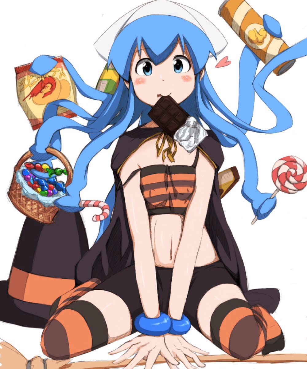 1girl basket blue_eyes blue_hair blush broom can candy candy_cane canned_food dot_nose female_focus food halloween halloween_costume hat heart_(symbol) highres ikamusume lollipop long_hair looking_at_viewer matching_hair/eyes navel shinryaku!_ikamusume simple_background solo squid_girl squid_hat striped_clothes striped_thighhighs tentacle_hair thighhighs white_background