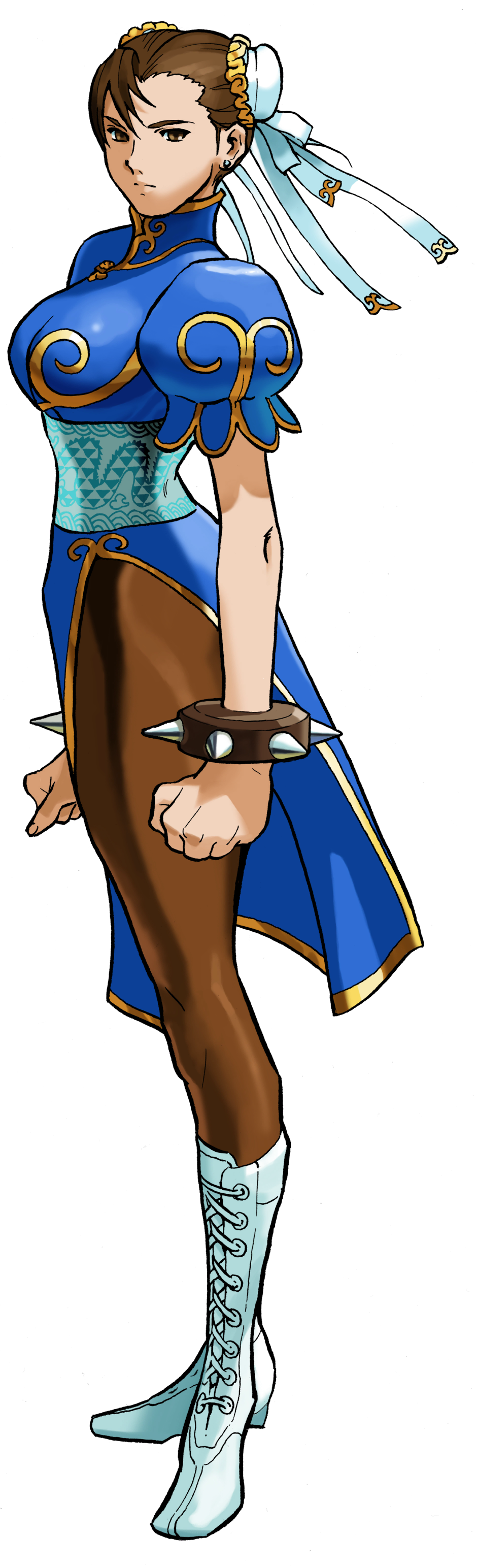 1990s_(style) 1998 1girl absurdres bengus boots bracelet brown_eyes brown_hair bun_cover capcom china_dress chinese_clothes chun-li clenched_hands closed_mouth double_bun dress earrings furrowed_brow game_cg hair_bun hair_ribbon highres jewelry looking_at_viewer looking_to_the_side marvel marvel_vs._capcom non-web_source official_art pantyhose pelvic_curtain retro_artstyle ribbon solo spiked_bracelet spikes street_fighter stud_earrings studded_bracelet thick_thighs thighs white_boots