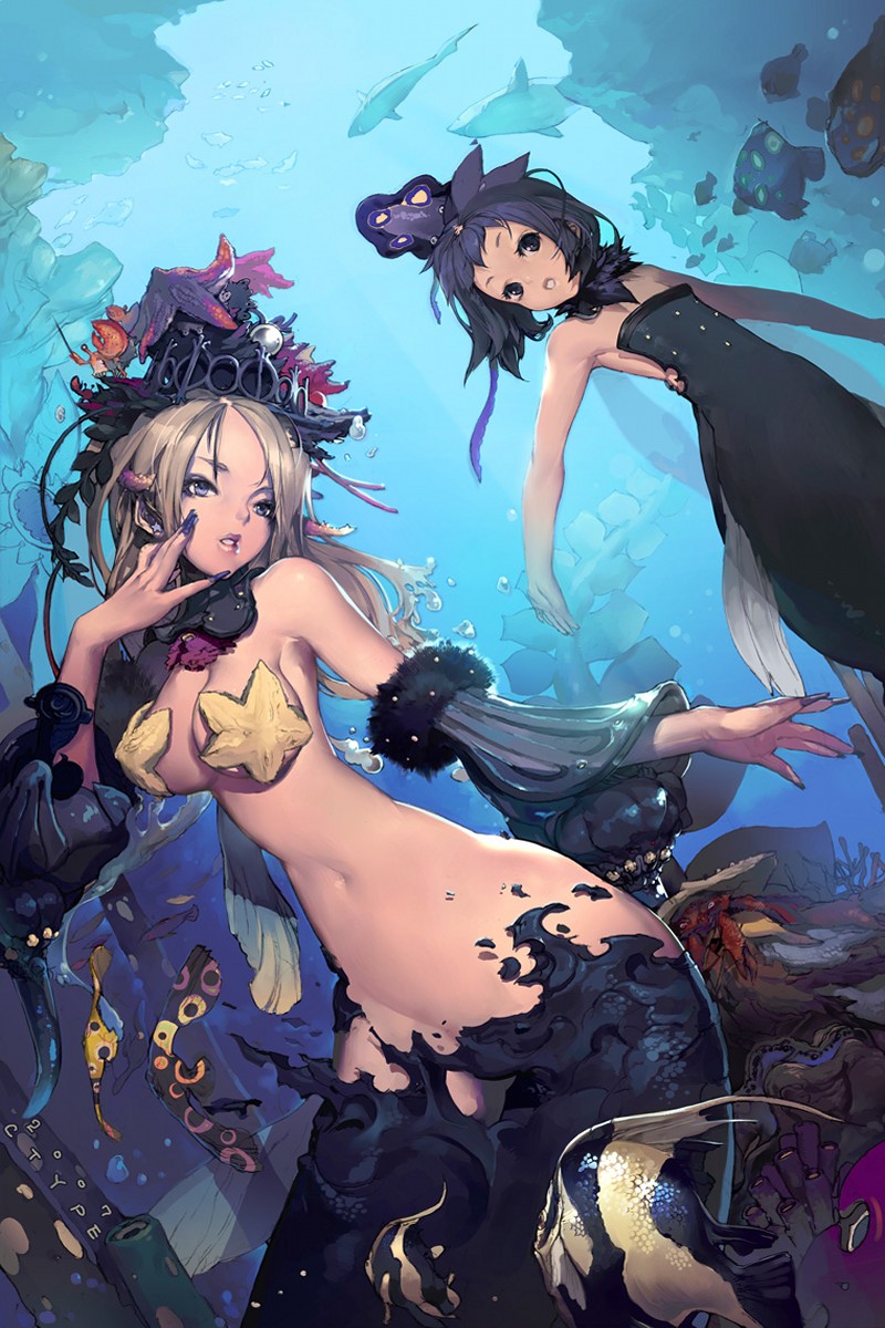00s 2007 2girls armpits artist_name bad_id bad_pixiv_id bare_shoulders black_eyes black_hair blonde_hair blue_eyes blue_nails breasts bubble c_type cleavage conductor crab ctype detached_sleeves dress dutch_angle earrings fingernails fish flat_chest gem hand_on_own_cheek hand_on_own_face hat headdress highres jewelry large_breasts lips long_fingernails long_hair mermaid monster_girl multiple_girls nail_polish narrow_waist navel original parted_lips pasties pearl_(gemstone) scales seaweed shark starfish underwater