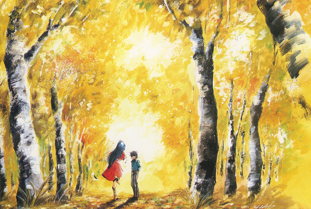 1980s_(style) 1boy 1girl autumn autumn_leaves black_hair choujikuu_yousai_macross dress forest grass ichijou_hikaru leaf long_hair lynn_minmay macross macross:_do_you_remember_love? mikimoto_haruhiko nature official_art oldschool postcard_(medium) promotional_art retro_artstyle scan traditional_media tree