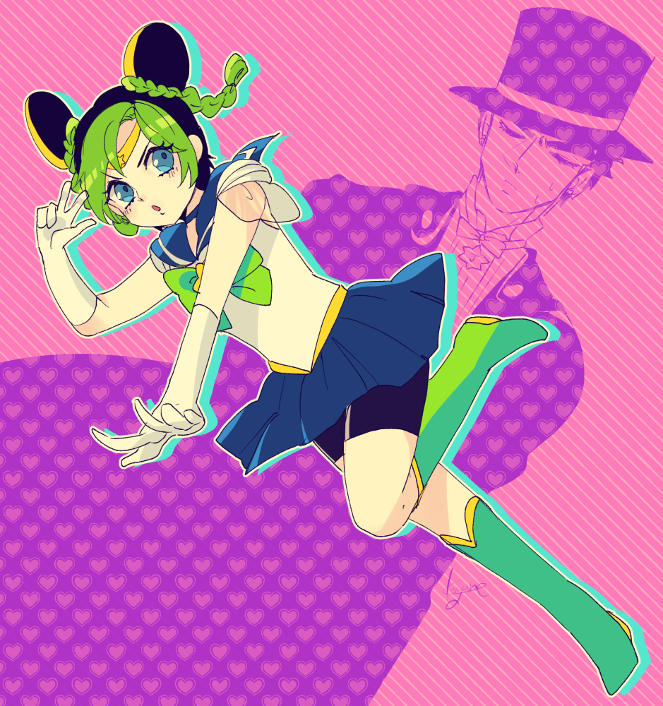 1boy 1girl bishoujo_senshi_sailor_moon black_hair blue_eyes blue_sailor_collar boots braid choker circlet closed_eyes cone_hair_bun cosplay double_bun elbow_gloves gloves green_hair hair_bun hat jojo_no_kimyou_na_bouken kogatarou kuujou_jolyne kuujou_joutarou leotard long_coat magical_girl multicolored_hair pleated_skirt projected_inset sailor_collar sailor_moon sailor_moon_(cosplay) unofficial_sailor_senshi_uniform sailor_senshi_uniform skirt stone_ocean top_hat tuxedo_kamen tuxedo_kamen_(cosplay) two-tone_hair white_gloves white_leotard