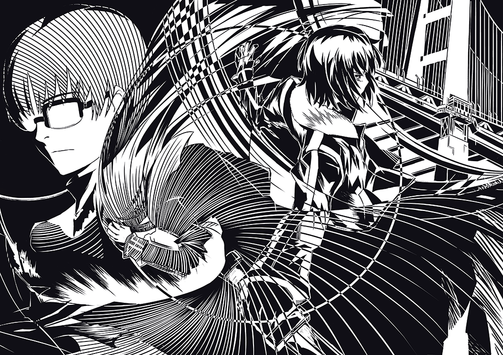 asagami_fujino bridge glasses kara_no_kyoukai knife kokutou_mikiya monochrome reien_girl&#039;s_academy_school_uniform ryougi_shiki school_uniform spiral todee