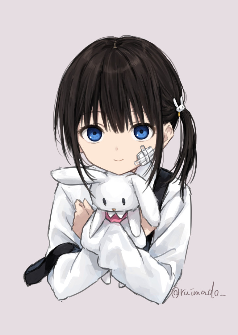 1girl bandaid bandaid_on_cheek bandaid_on_face black_hair blue_eyes hugging_doll hair_ornament long_sleeves looking_at_viewer hugging_object original rabbit_hair_ornament ruimado side_ponytail smile solo straight-on strap_slip stuffed_animal stuffed_rabbit stuffed_toy upper_body