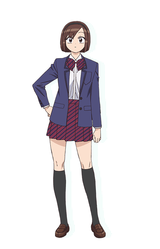 1girl arm_at_side asymmetrical_bangs black_hairband black_socks blue_jacket bow bowtie brown_eyes brown_hair brown_shoes closed_mouth collared_shirt diagonal-striped_bow diagonal-striped_bowtie diagonal-striped_clothes diagonal-striped_skirt drop_shadow full_body hairband hand_on_own_hip itan_private_high_school_uniform jacket kneehighs komi-san_wa_komyushou_desu loafers long_sleeves looking_at_viewer miniskirt nakajima_atsuko official_art open_mouth pleated_skirt red_bow red_bowtie red_skirt sasaki_ayami school_uniform shirt shoes short_hair skirt socks solo standing striped_clothes transparent_background white_shirt