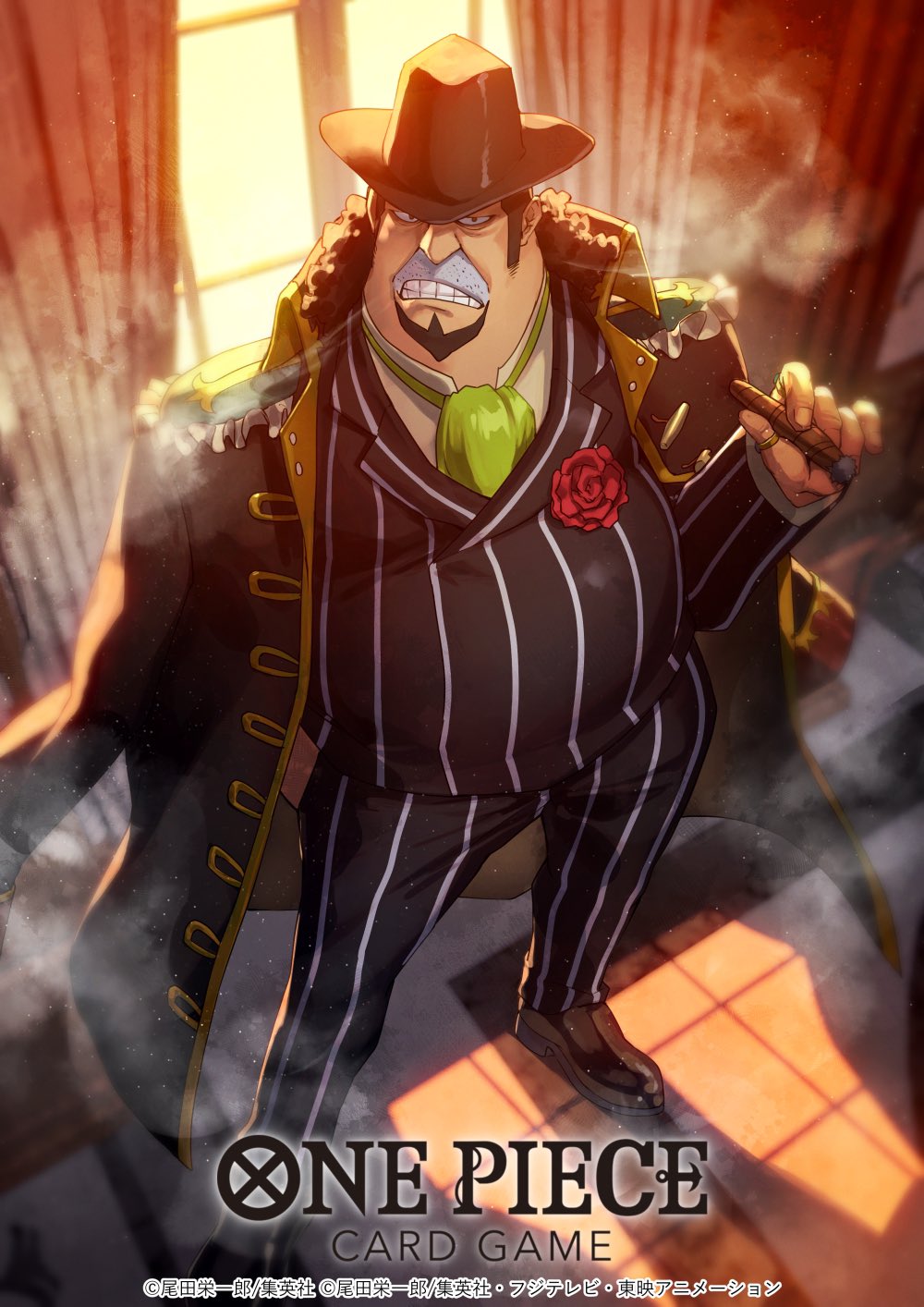 1boy ascot beard capone_gang_bege cigar clenched_teeth coat coat_on_shoulders collared_coat commentary_request copyright_name curly_hair dai-xt facial_hair full_body green_ascot highres holding holding_cigar indoors long_hair looking_at_viewer male_focus official_art one_piece one_piece_card_game sideburns smoke solo teeth vertical-striped_suit