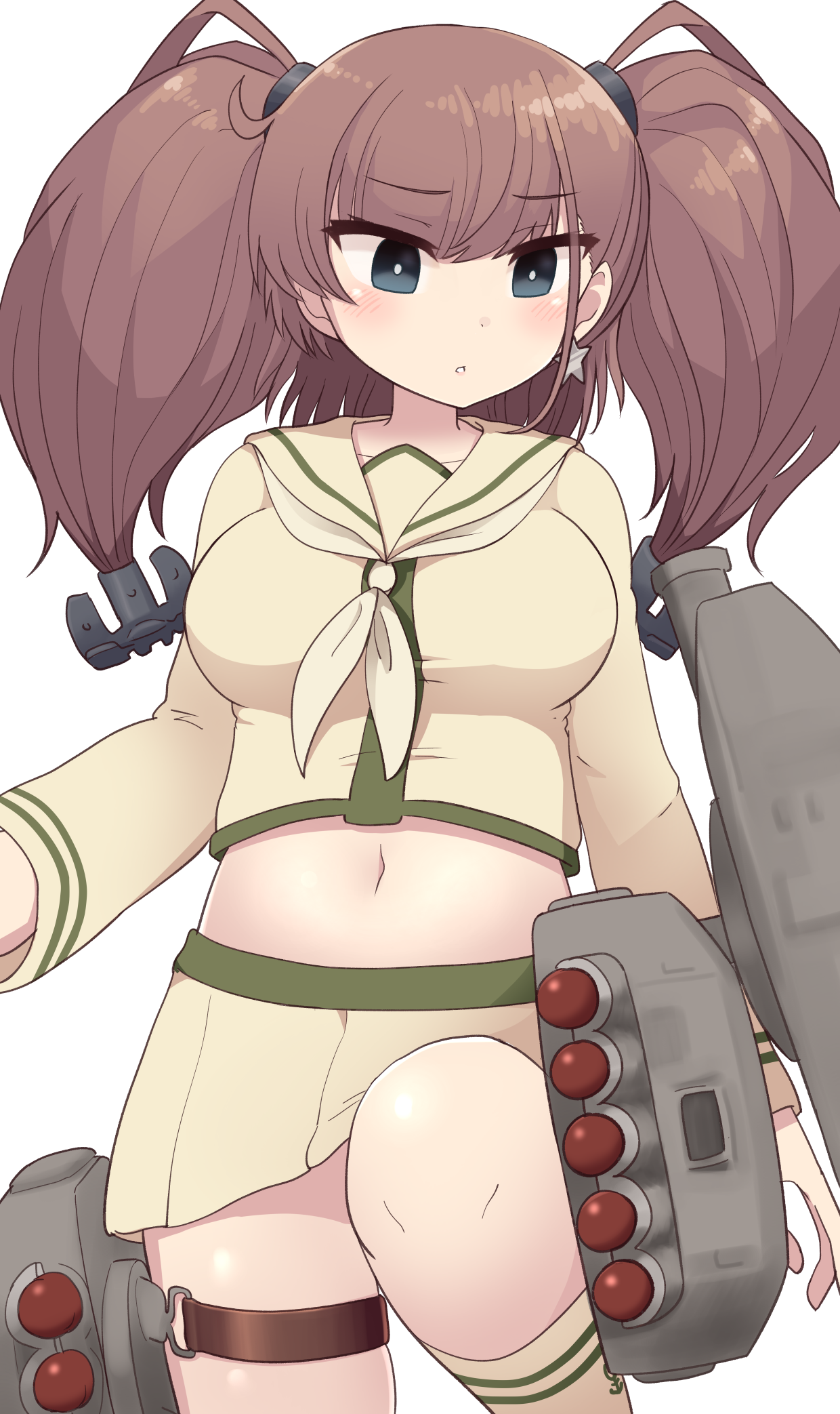1girl alternate_costume anchor_hair_ornament atlanta_(kancolle) beige_serafuku beige_shirt beige_skirt breasts brown_hair cosplay earrings hair_ornament highres jewelry kantai_collection kitakami_(kancolle) kitakami_(kancolle)_(cosplay) large_breasts long_hair long_sleeves midriff miniskirt navel rigging school_uniform serafuku simoyuki single_earring skirt solo star_(symbol) star_earrings thigh_strap torpedo torpedo_launcher torpedo_tubes two_side_up