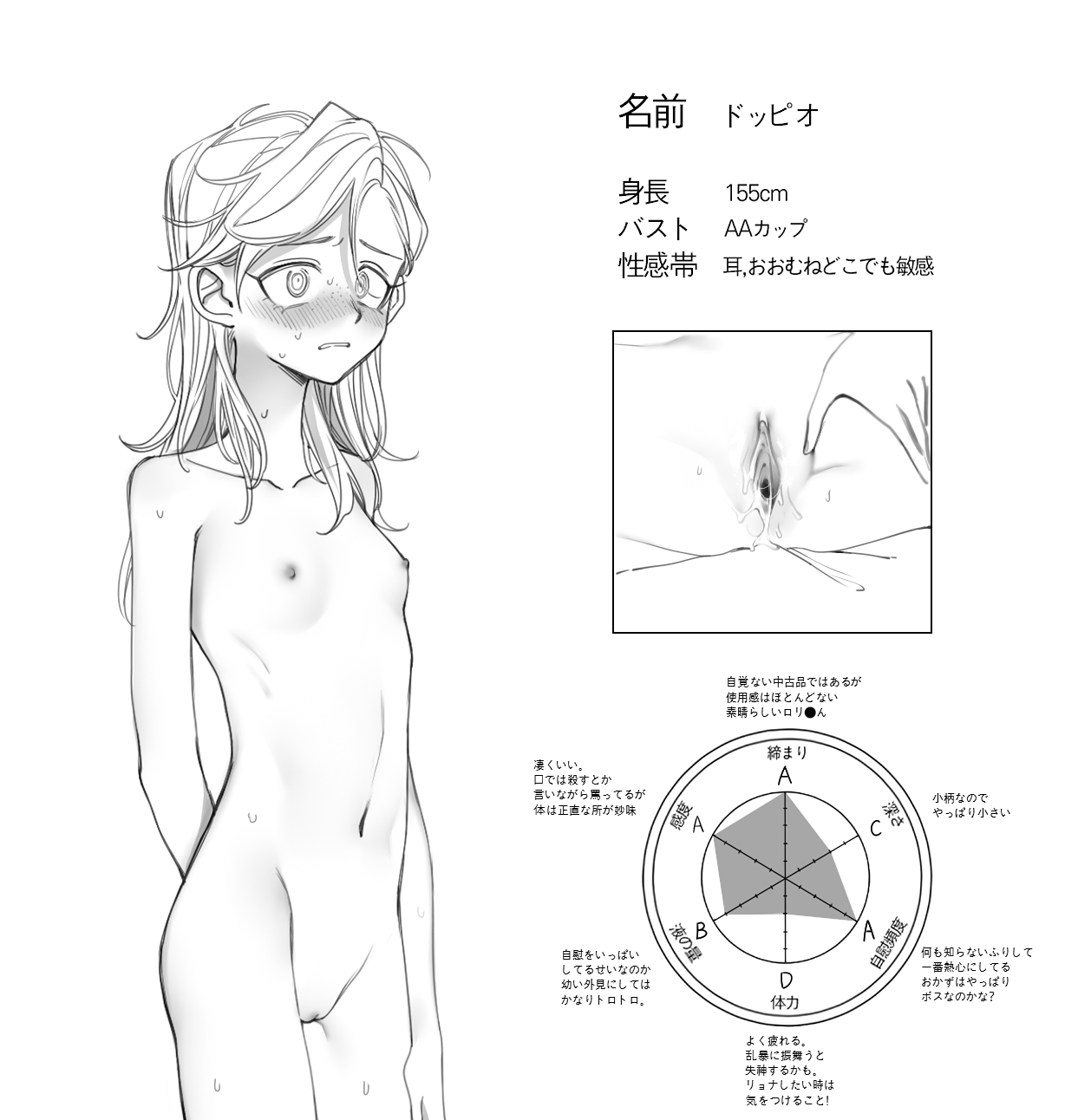 1boy 1cuntboy blush breasts chart cleft_of_venus commentary_request completely_nude cuntboy cuntboy_only frown greyscale hair_down highres jojo_no_kimyou_na_bouken monochrome nervous_sweating nipples nude pussy pussy_juice pussy_juice_trail sempon_(doppio_note) small_breasts solo spread_legs spread_pussy spreading_own_pussy sweat translation_request uncensored vento_aureo vinegar_doppio