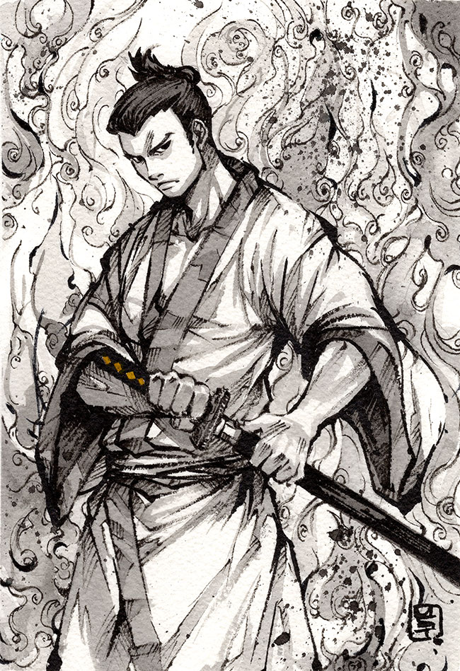 1boy black_eyes black_hair dougi greyscale hair_behind_ear holding holding_sword holding_weapon ink_(medium) katana looking_to_the_side male_focus monochrome mycks samurai samurai_jack samurai_jack_(character) sheath solo spot_color sword traditional_media unsheathing weapon