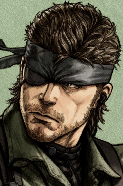 1boy bandana beard big_boss brown_hair eyepatch facial_hair fuji_(d38635s10) konami male_focus metal_gear_(series) metal_gear_solid_3:_snake_eater naked_snake solo venom_snake