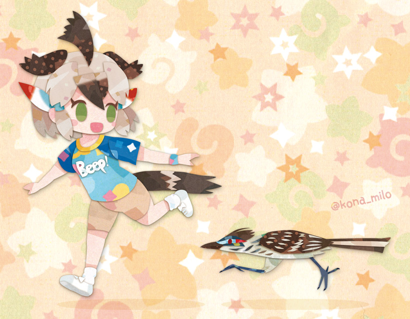 1girl animal bird bird_girl bird_tail bird_wings brown_background feathered_wings feathers greater_roadrunner_(kemono_friends) green_eyes grey_hair head_wings japari_symbol kemono_friends kikuchi_milo leggings shirt shoes short_hair simple_background socks t-shirt tail watch wings wristwatch